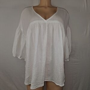 Ces Lemme Relaxed White V-Neck Cotto 100% Peasant Blusa